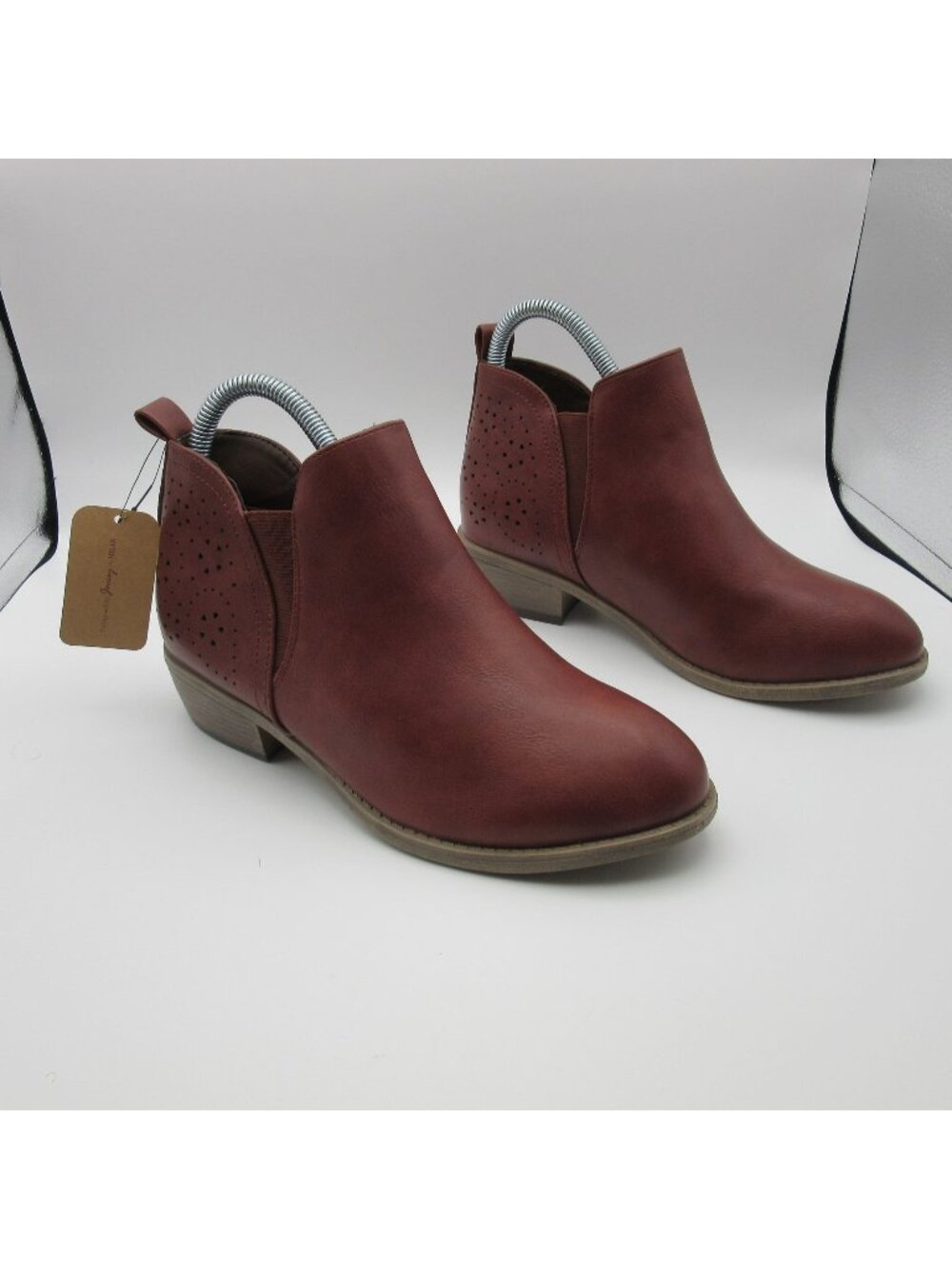 Jeossy Chelsea Ankle Boots Cutout Perforated Brown Booties Slip on Faux Leather